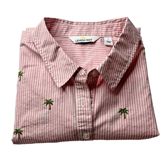 Lemon Way Shirt Womens Large Pink Striped Button Up Palm Trees Embroidery Preppy - Picture 11 of 11